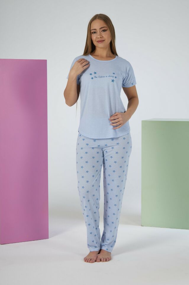 Kadın Yazlık Yıldız Desenli Kısa Kollu Viskon Pijama Takımı XL - Mavi