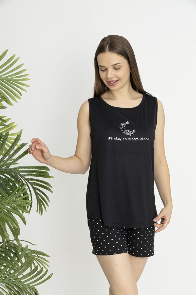 Estiva Kadın Puantiye Alt Desenli Kolsuz Şortlu Soft Pijama Takımı Siyah - M