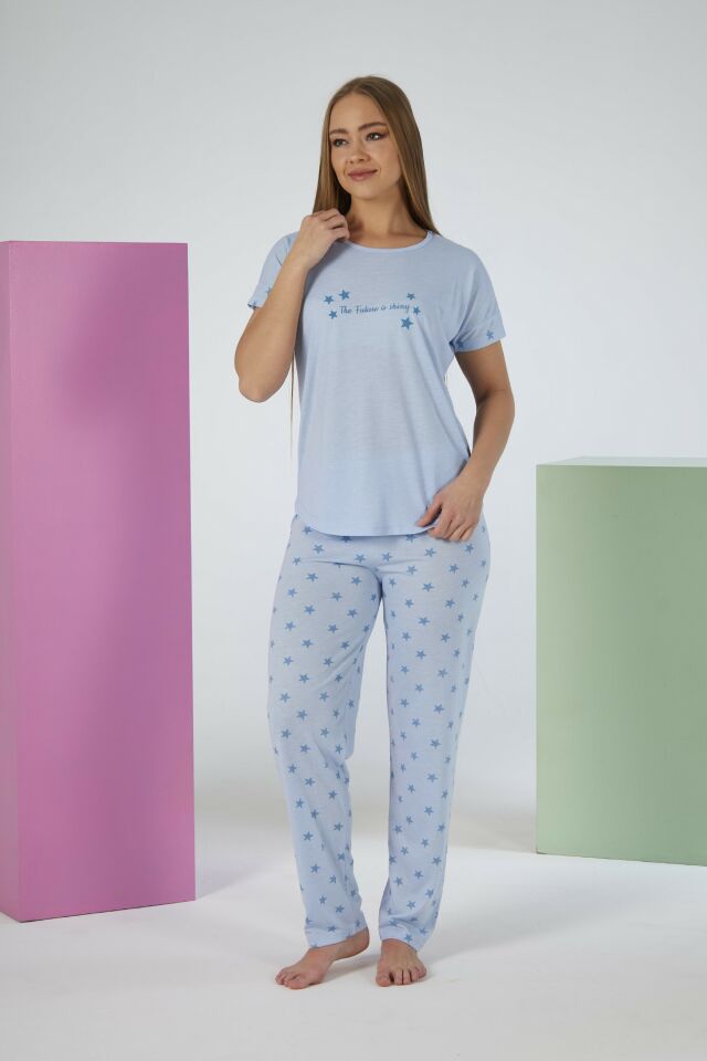 Kadın Yazlık Yıldız Desenli Kısa Kollu Viskon Pijama Takımı 2XL - Mavi