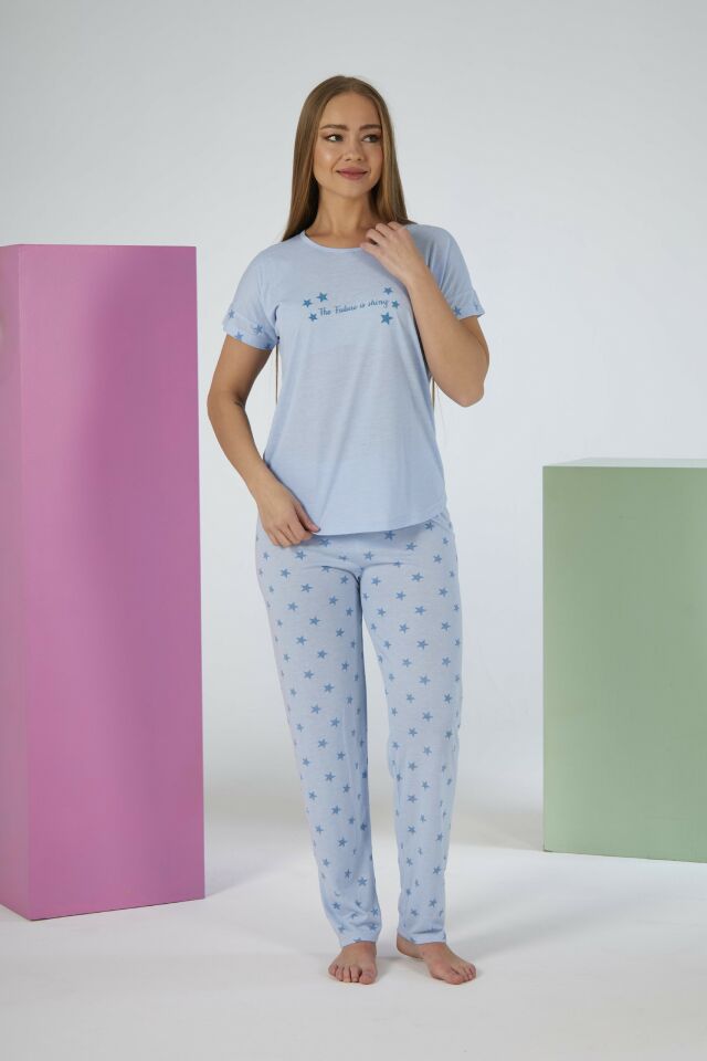 Kadın Yazlık Yıldız Desenli Kısa Kollu Viskon Pijama Takımı 2XL - Mavi