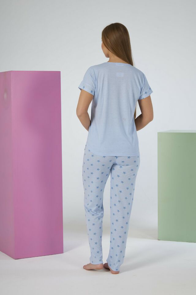 Kadın Yazlık Yıldız Desenli Kısa Kollu Viskon Pijama Takımı 2XL - Mavi