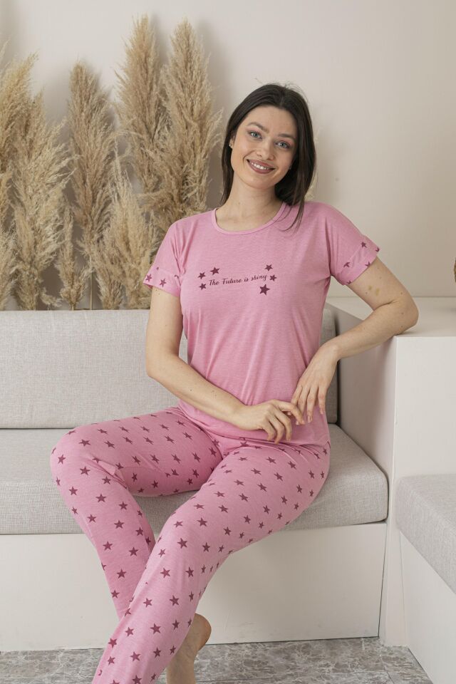 Kadın Yazlık Yıldız Desenli Kısa Kollu Viskon Pijama Takımı M - Pembe