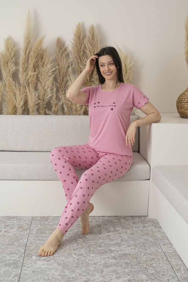 Kadın Yazlık Yıldız Desenli Kısa Kollu Viskon Pijama Takımı M - Pembe