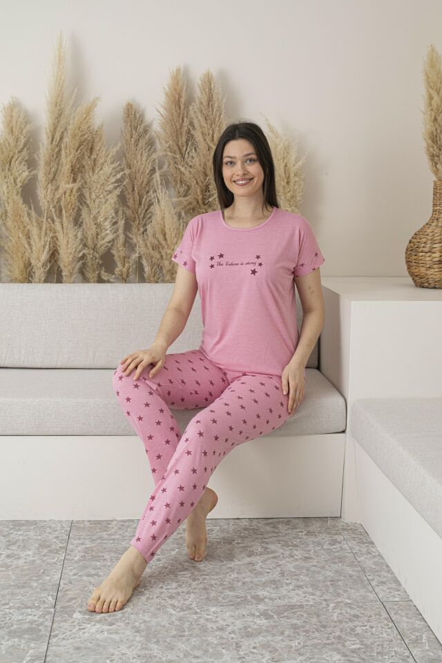 Kadın Yazlık Yıldız Desenli Kısa Kollu Viskon Pijama Takımı M - Pembe