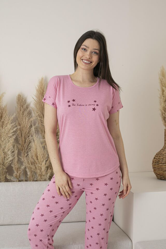 Kadın Yazlık Yıldız Desenli Kısa Kollu Viskon Pijama Takımı M - Pembe