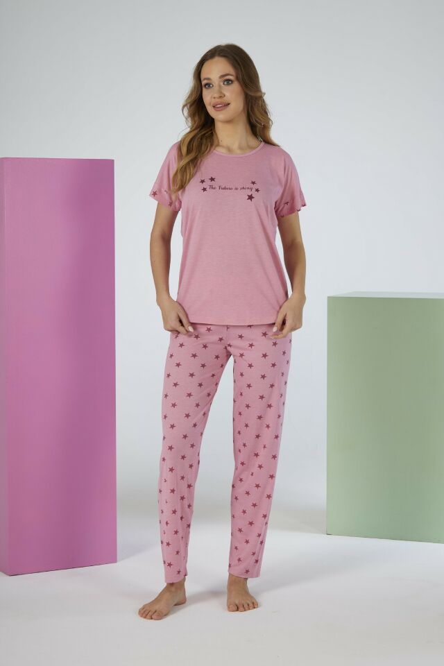 Kadın Yazlık Yıldız Desenli Kısa Kollu Viskon Pijama Takımı M - Pembe