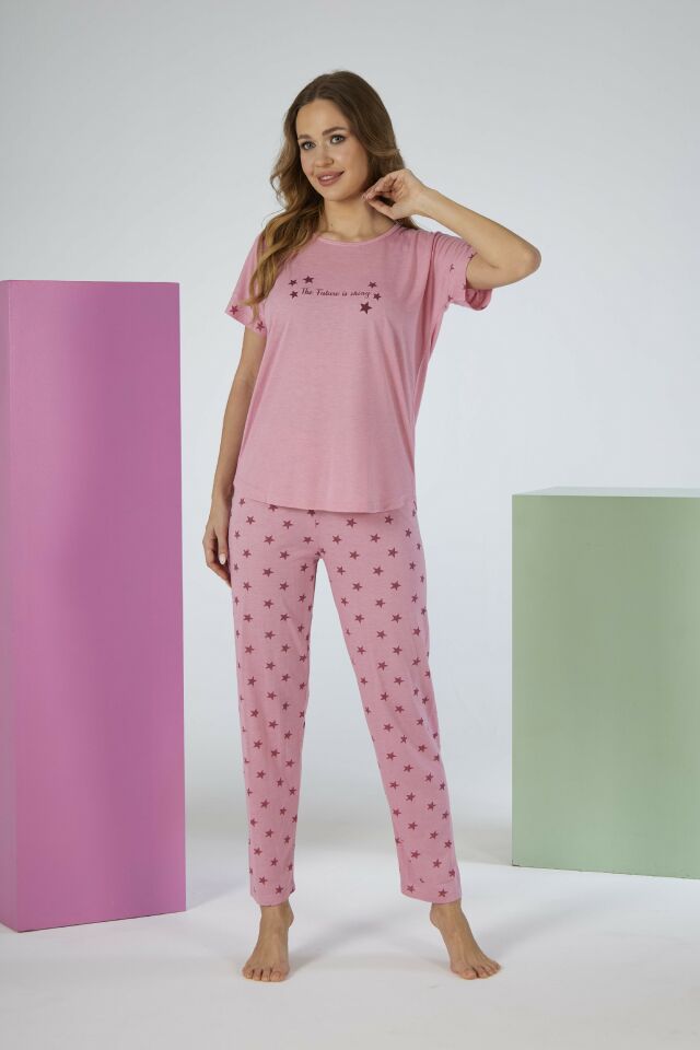 Kadın Yazlık Yıldız Desenli Kısa Kollu Viskon Pijama Takımı L - Pembe