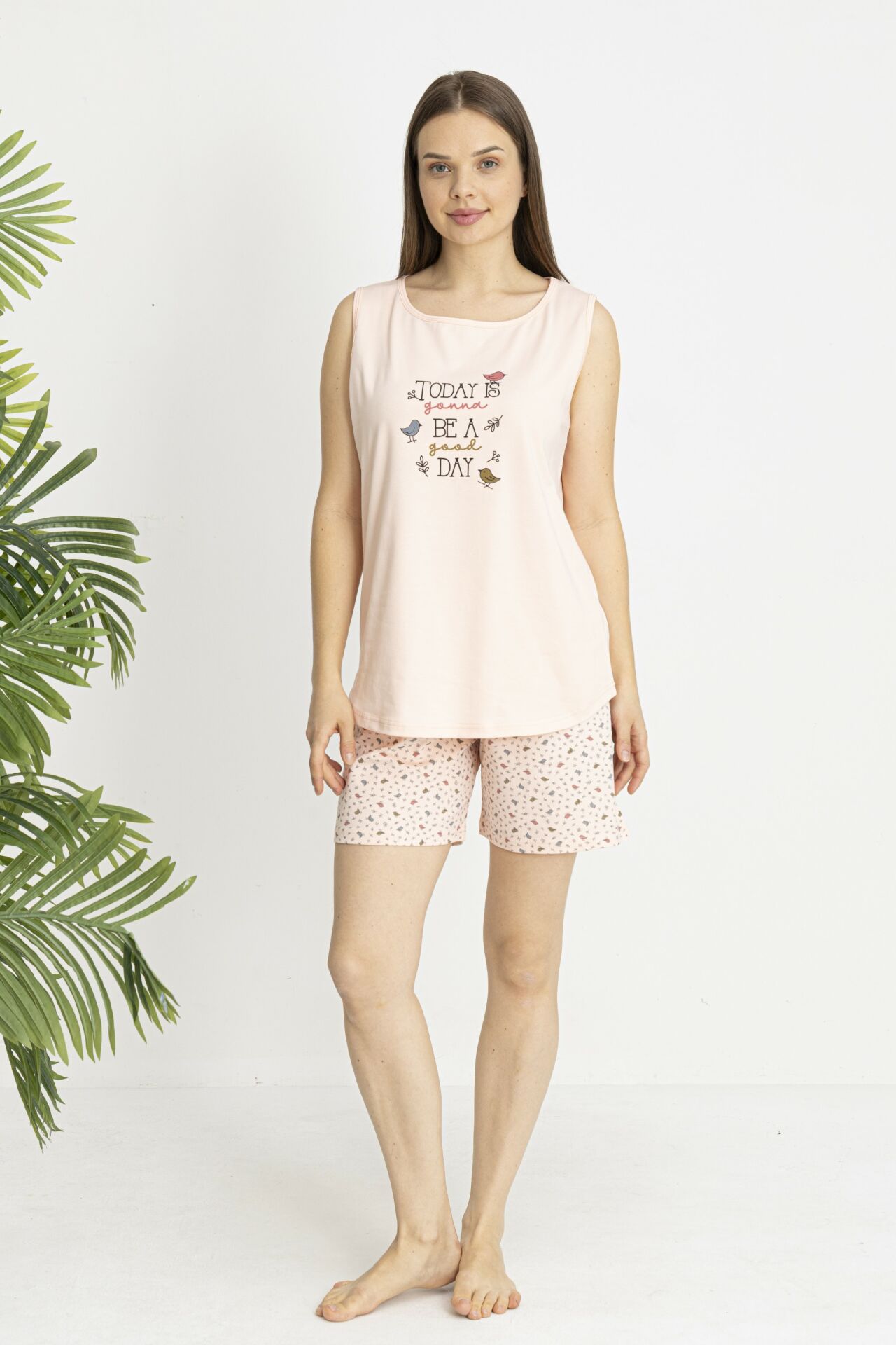 Estiva Kadın Kalp Alt Desenli Somon Kolsuz Şortlu Penye Lycra Pijama Takımı