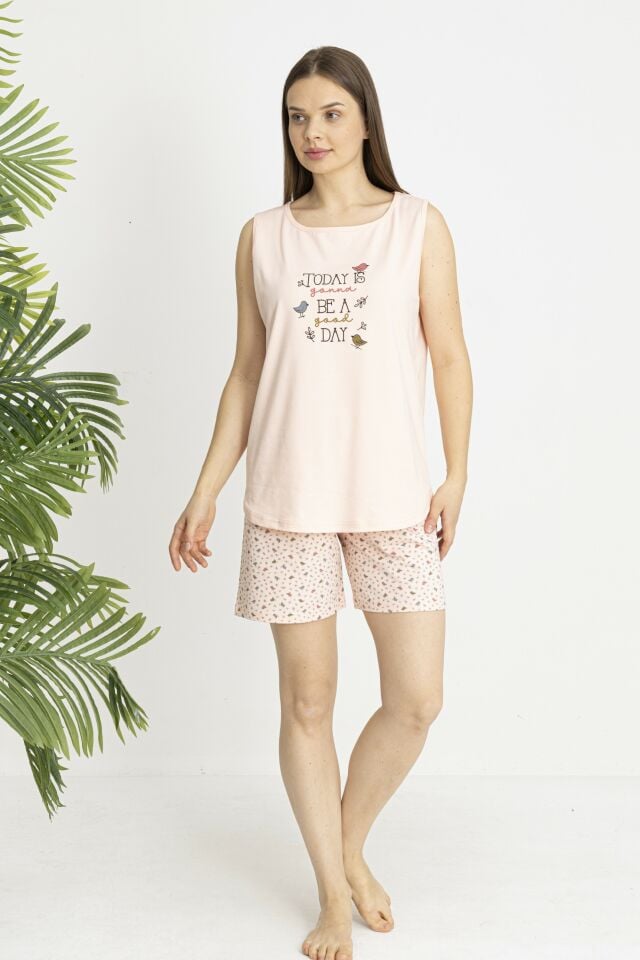 Estiva Kadın Kalp Alt Desenli Somon Kolsuz Şortlu Penye Lycra Pijama Takımı