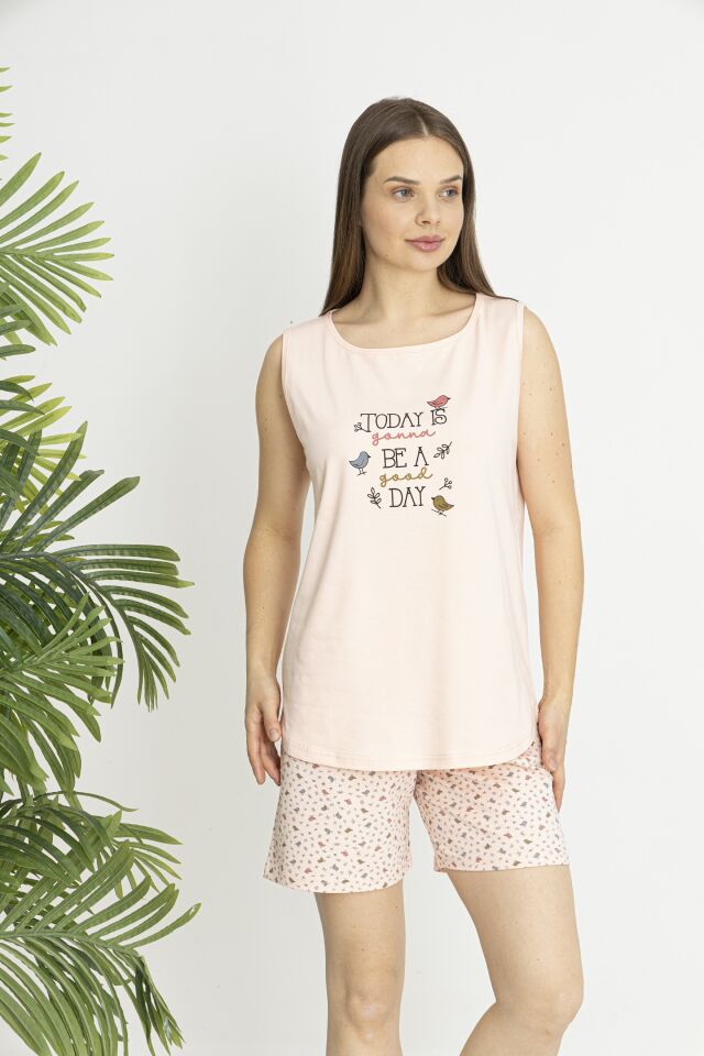 Estiva Kadın Kalp Alt Desenli Somon Kolsuz Şortlu Penye Lycra Pijama Takımı