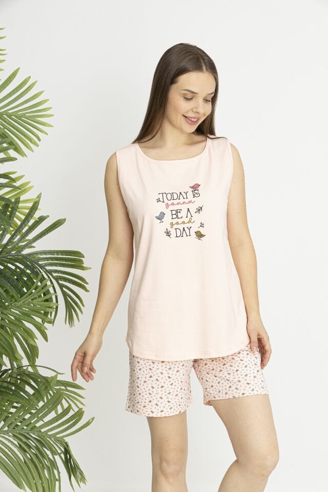 Estiva Kadın Kalp Alt Desenli Somon Kolsuz Şortlu Penye Lycra Pijama Takımı