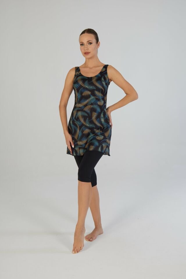 Estiva Tropikal Desenli Askılı Taytlı Elbise Mayo