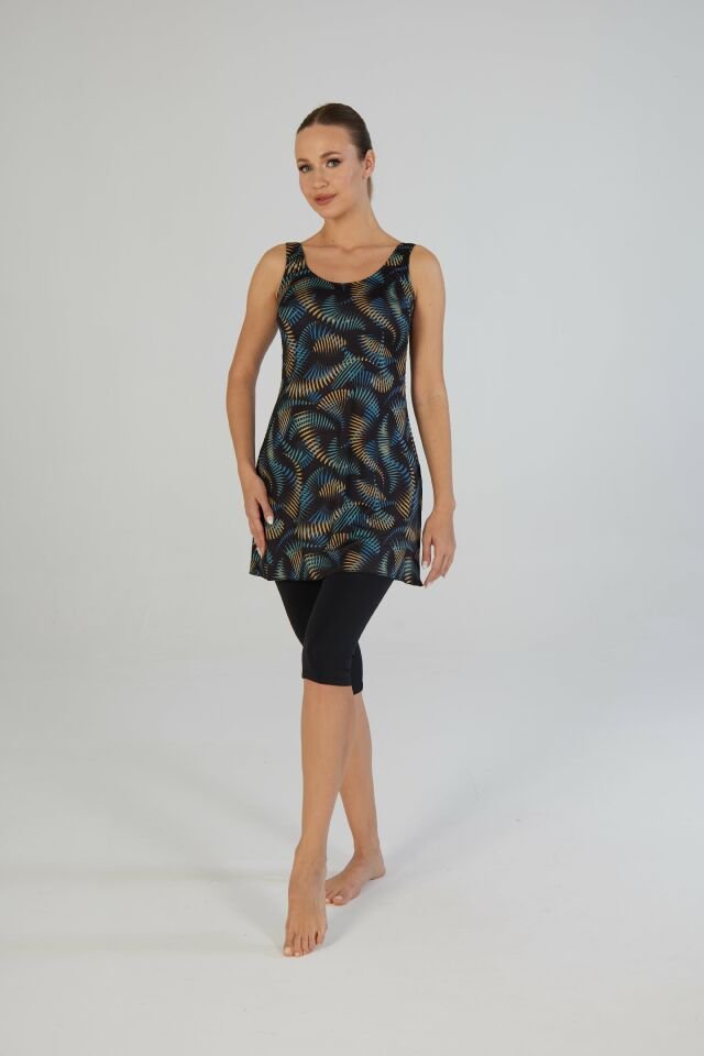 Estiva Tropikal Desenli Askılı Taytlı Elbise Mayo