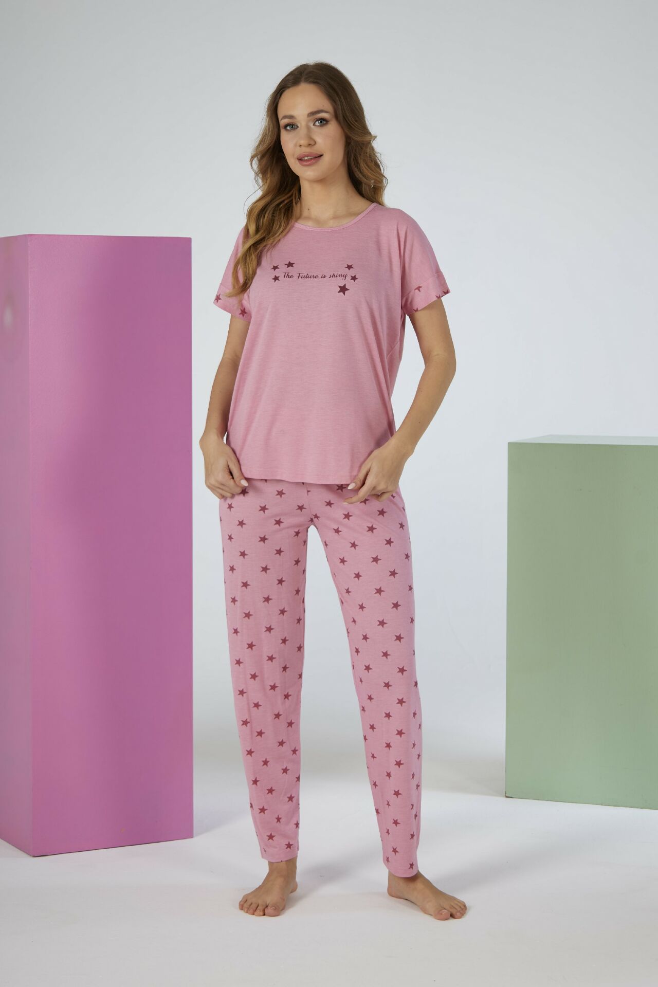 Kadın Yazlık Yıldız Desenli Kısa Kollu Viskon Pijama Takımı 2XL - Pembe