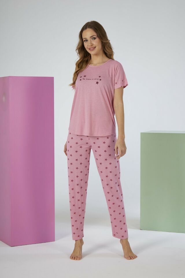 Kadın Yazlık Yıldız Desenli Kısa Kollu Viskon Pijama Takımı 2XL - Pembe