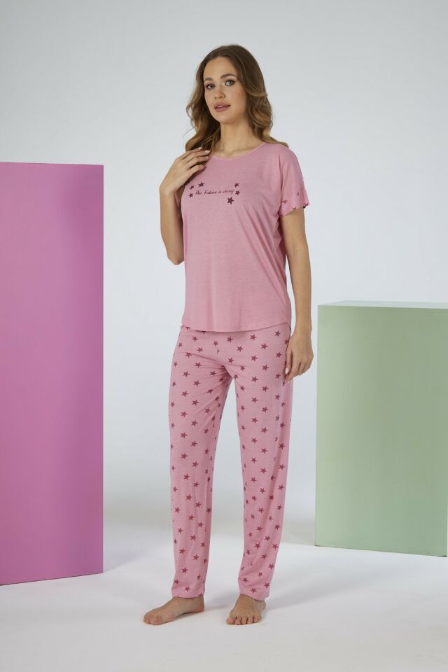 Kadın Yazlık Yıldız Desenli Kısa Kollu Viskon Pijama Takımı 2XL - Pembe
