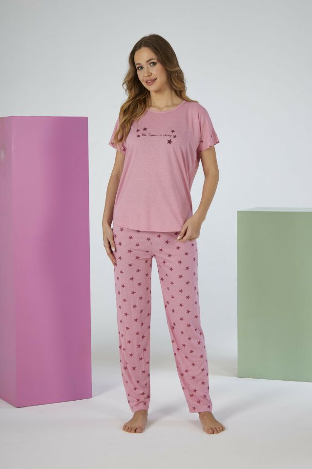 Kadın Yazlık Yıldız Desenli Kısa Kollu Viskon Pijama Takımı 2XL - Pembe