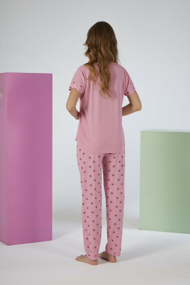 Kadın Yazlık Yıldız Desenli Kısa Kollu Viskon Pijama Takımı 2XL - Pembe