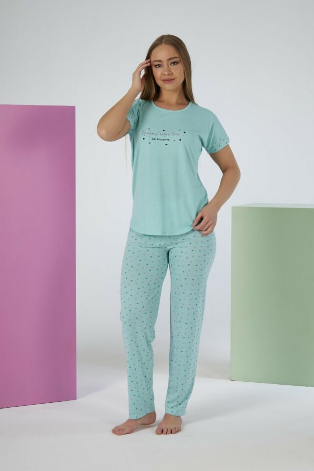Kadın Yazlık Puantiyeli Kısa Kollu Viskon Pijama Takımı M - MİNT