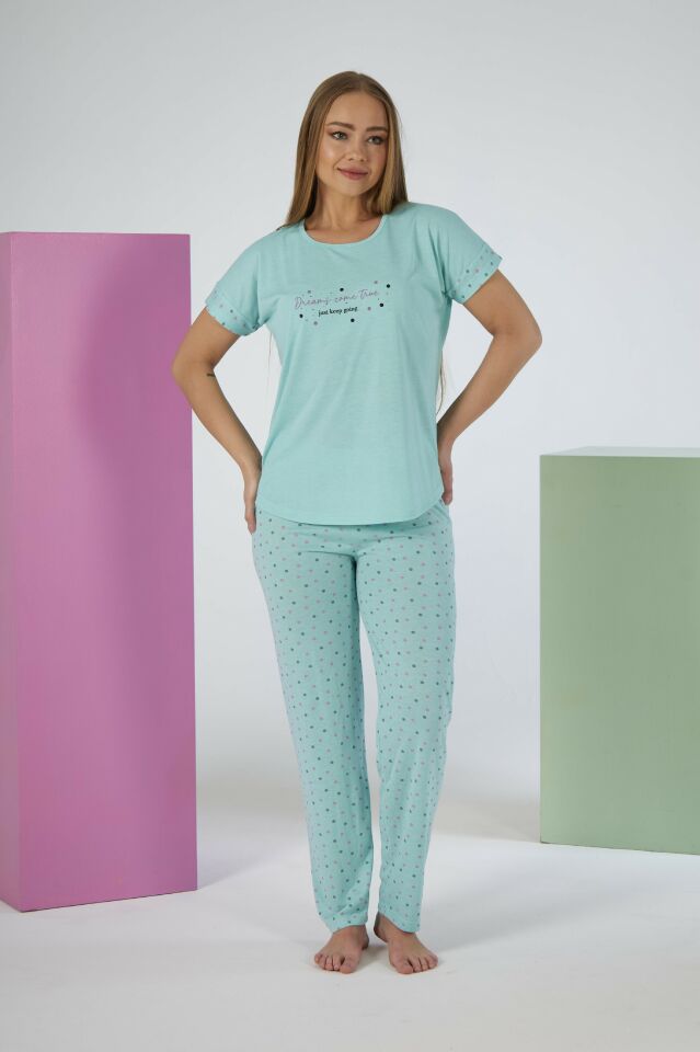 Kadın Yazlık Puantiyeli Kısa Kollu Viskon Pijama Takımı M - MİNT