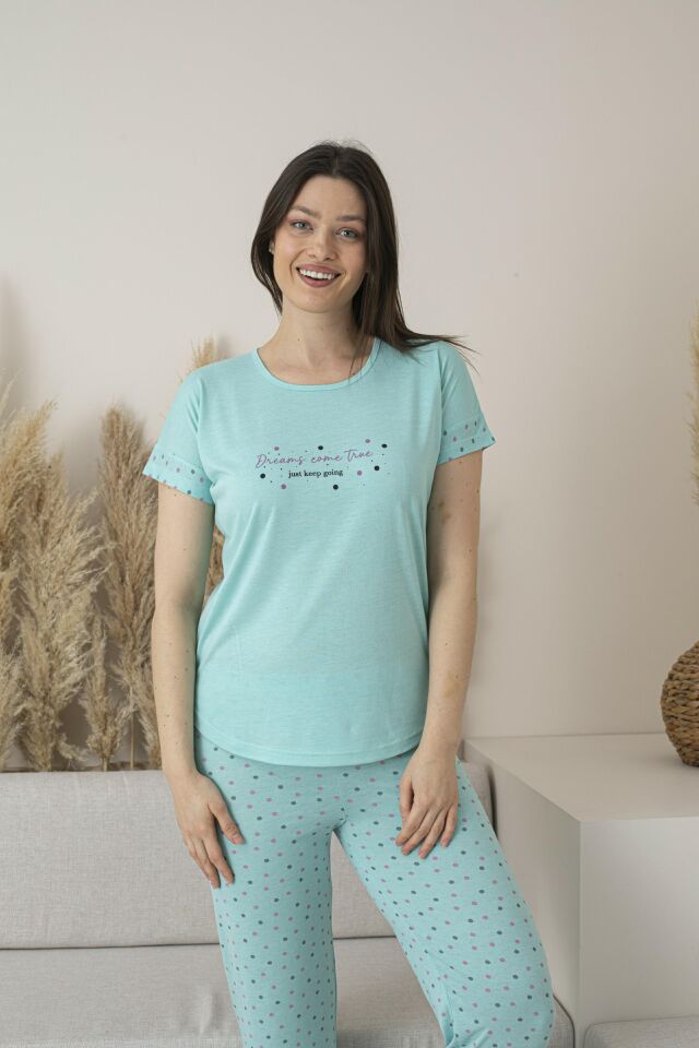 Kadın Yazlık Puantiyeli Kısa Kollu Viskon Pijama Takımı M - MİNT