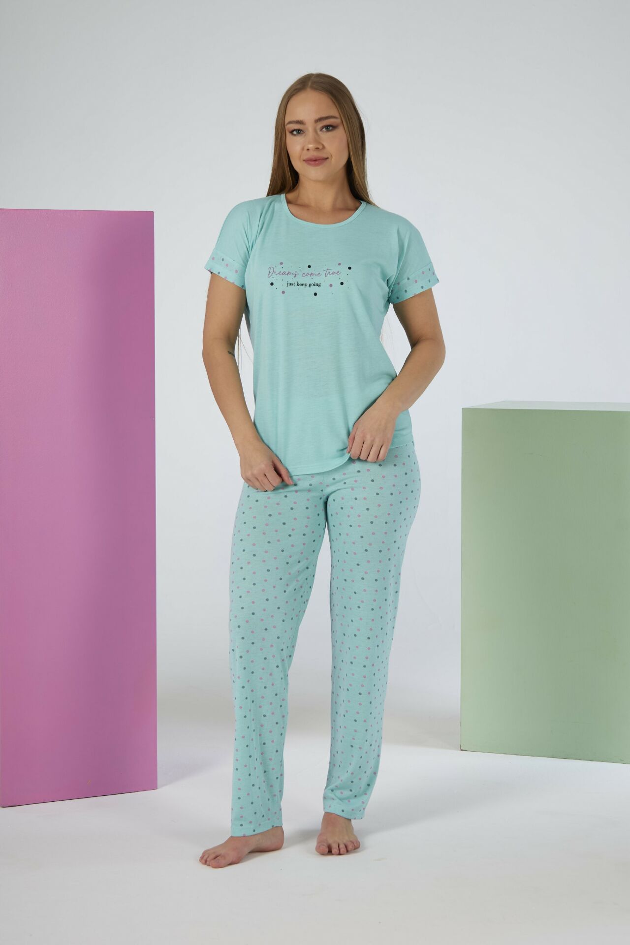 Kadın Yazlık Puantiyeli Kısa Kollu Viskon Pijama Takımı L - MİNT