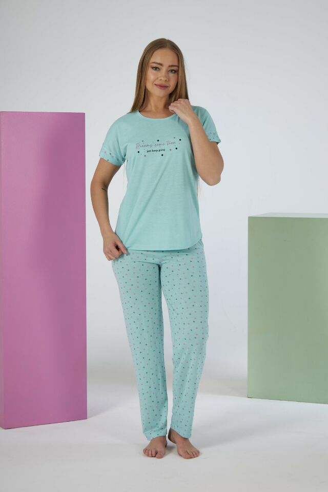 Kadın Yazlık Puantiyeli Kısa Kollu Viskon Pijama Takımı L - MİNT