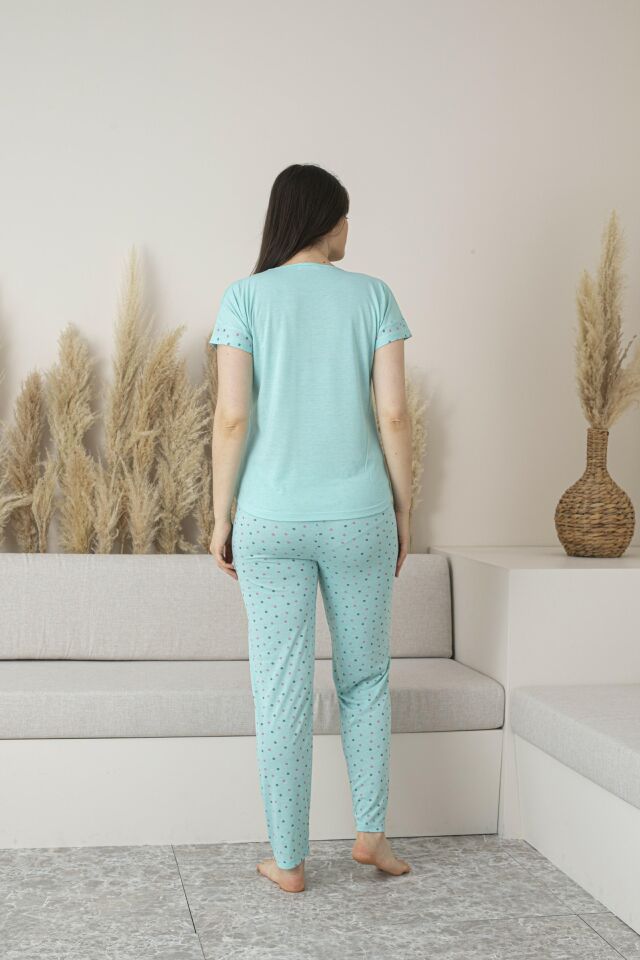 Kadın Yazlık Puantiyeli Kısa Kollu Viskon Pijama Takımı L - MİNT
