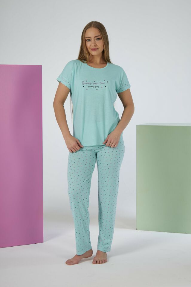 Kadın Yazlık Puantiyeli Kısa Kollu Viskon Pijama Takımı L - MİNT