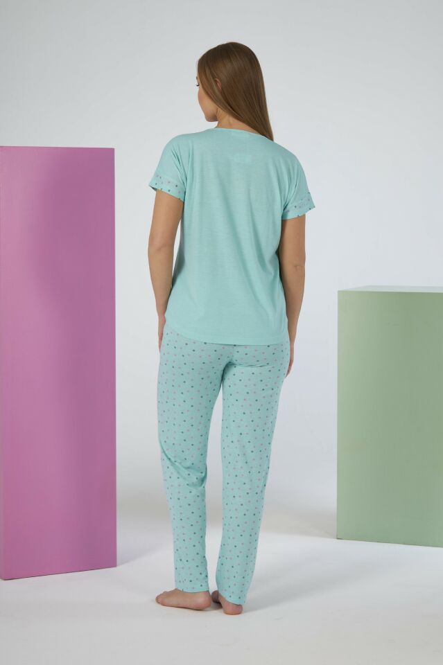 Kadın Yazlık Puantiyeli Kısa Kollu Viskon Pijama Takımı L - MİNT