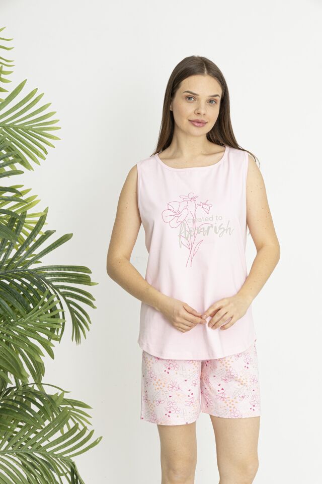 Estiva Kadın Çiçek Alt Desenli Pembe Kolsuz Şortlu Penye Lycra Pijama Takımı