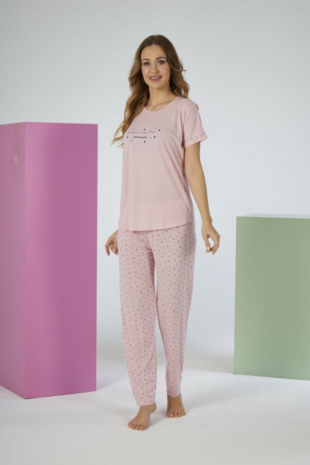 Kadın Yazlık Puantiyeli Kısa Kollu Viskon Pijama Takımı M - SOMON