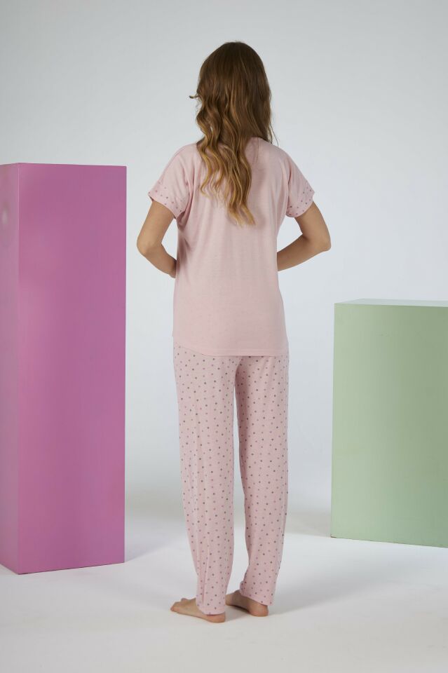 Kadın Yazlık Puantiyeli Kısa Kollu Viskon Pijama Takımı M - SOMON