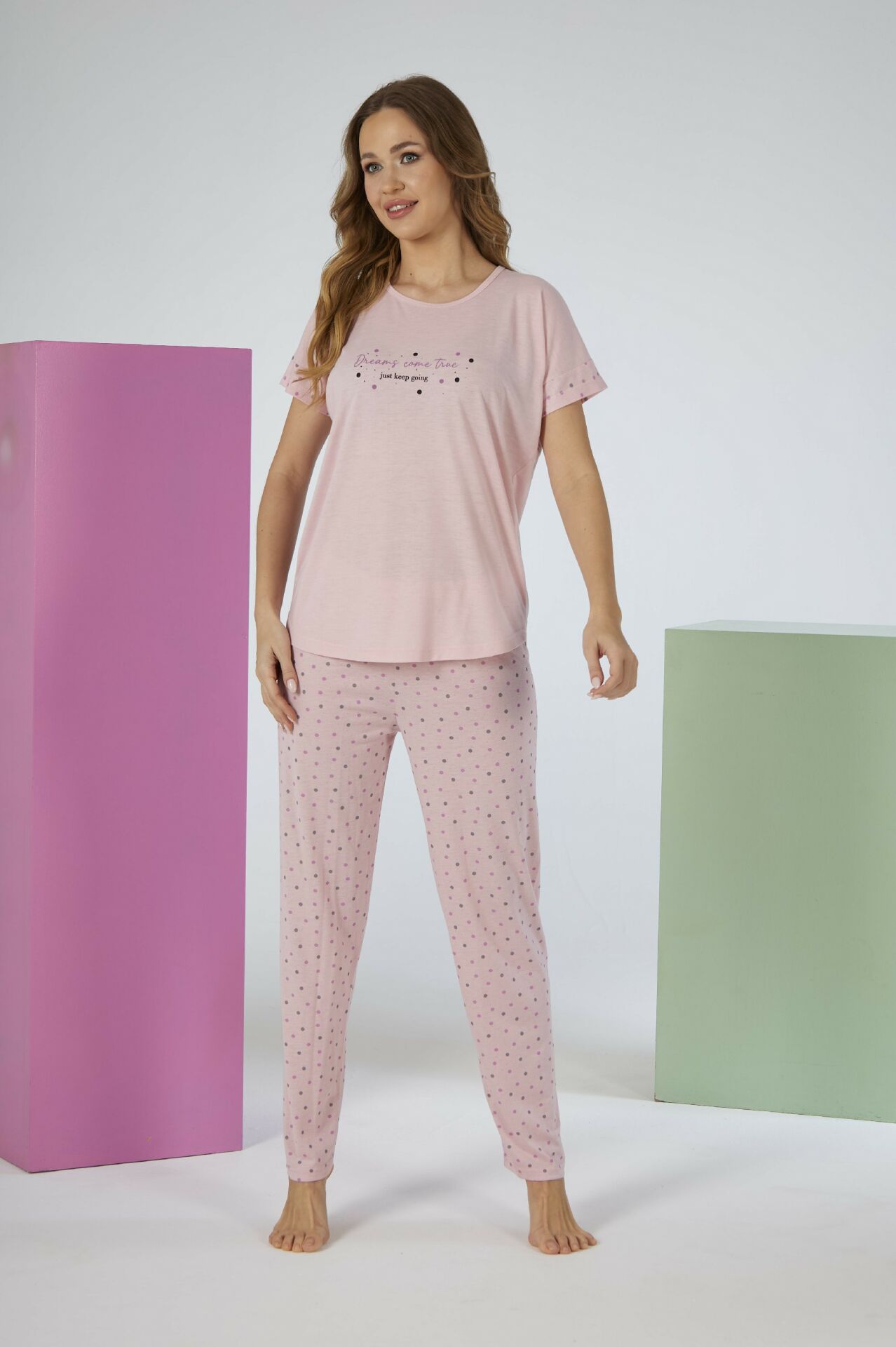 Kadın Yazlık Puantiyeli Kısa Kollu Viskon Pijama Takımı L - SOMON