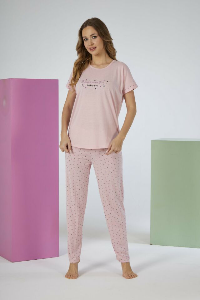 Kadın Yazlık Puantiyeli Kısa Kollu Viskon Pijama Takımı L - SOMON