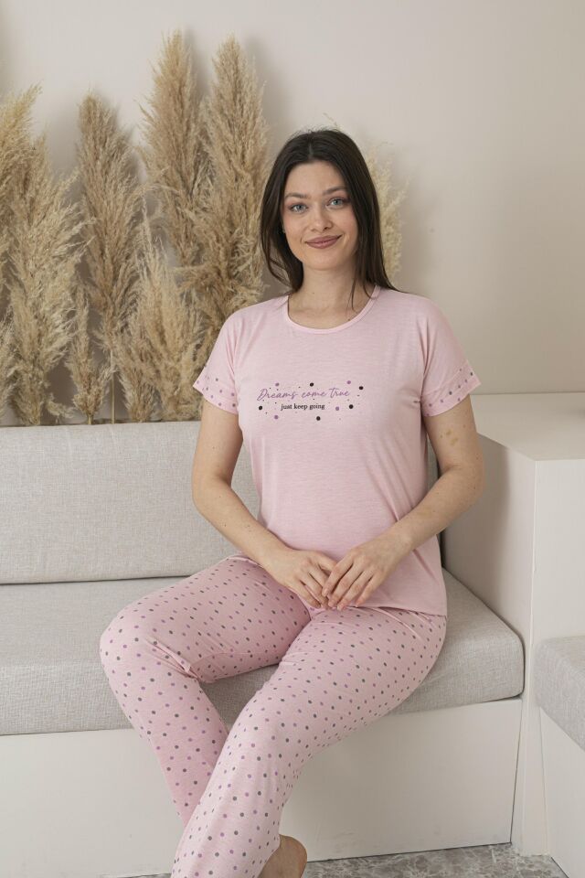 Kadın Yazlık Puantiyeli Kısa Kollu Viskon Pijama Takımı XL - SOMON