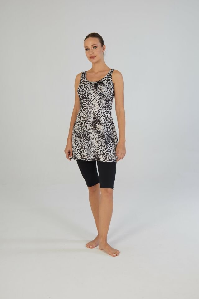 Estiva Safari Desenli Askılı Taytlı Elbise Mayo