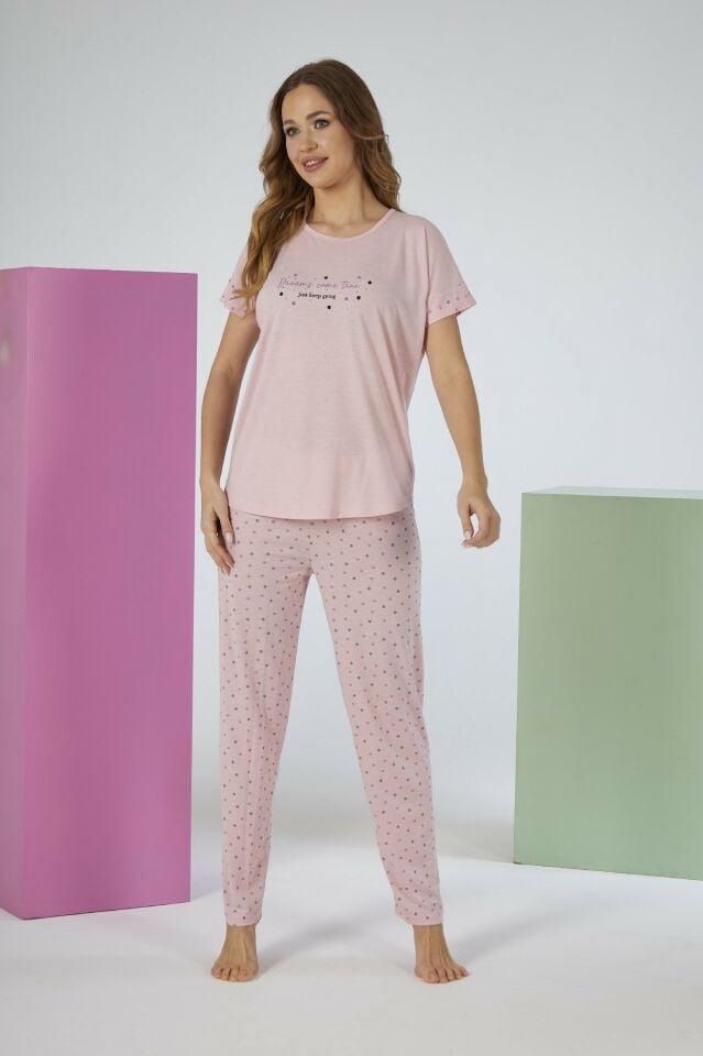 Kadın Yazlık Puantiyeli Kısa Kollu Viskon Pijama Takımı 2XL - SOMON