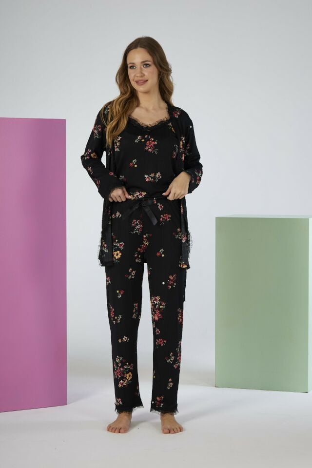 Kadın Yazlık Çiçek Desenli 3 Parça Sabahlıklı İp Askılı Likra Viskon Pijama Takımı - Siyah