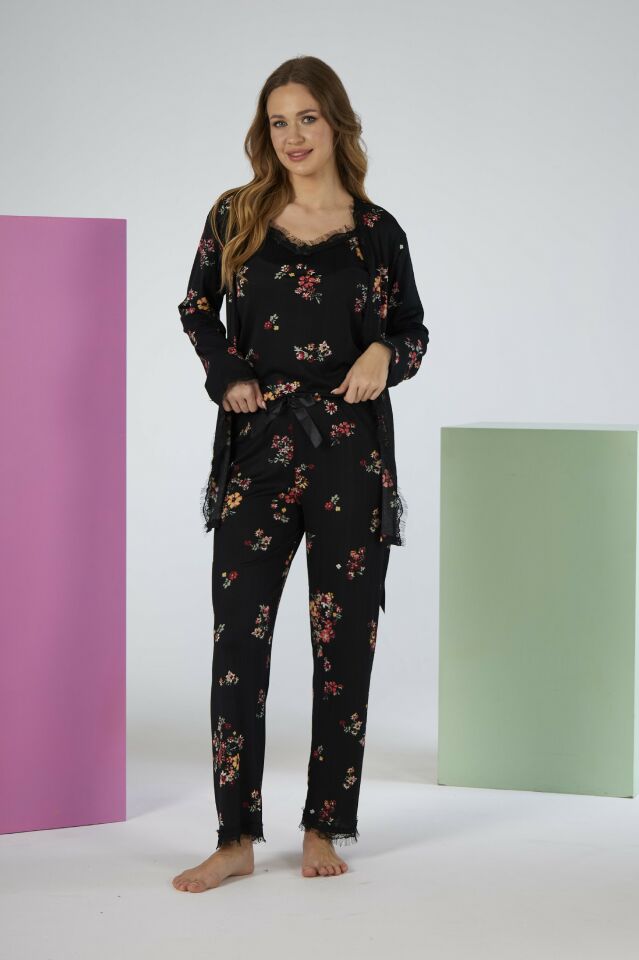 Kadın Yazlık Çiçek Desenli 3 Parça Sabahlıklı İp Askılı Likra Viskon Pijama Takımı - Siyah
