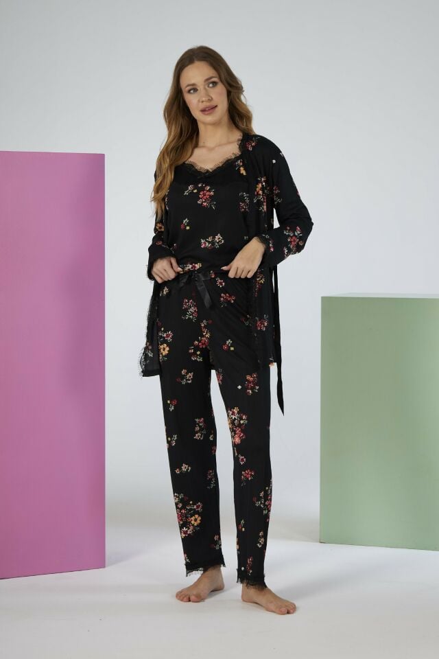 Kadın Yazlık Çiçek Desenli 3 Parça Sabahlıklı İp Askılı Likra Viskon Pijama Takımı - Siyah