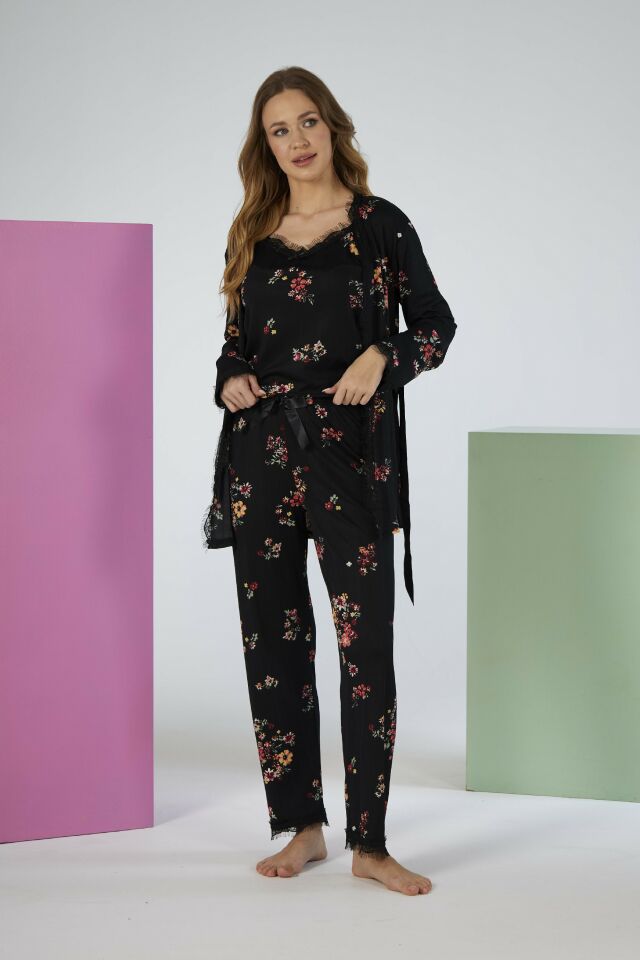 Kadın Yazlık Çiçek Desenli 3 Parça Sabahlıklı İp Askılı Likra Viskon Pijama Takımı - Siyah