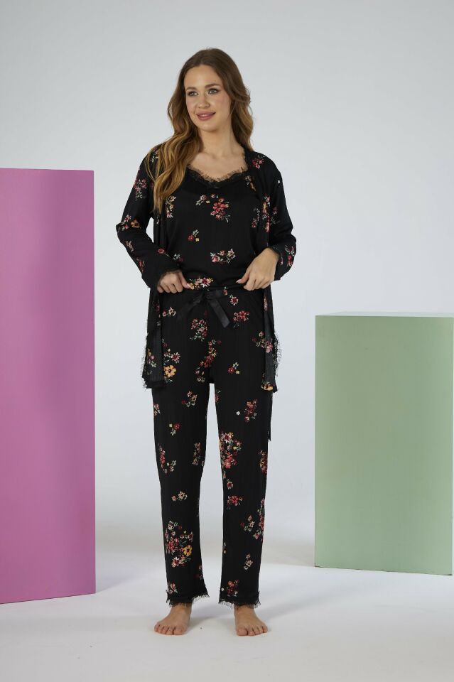 Kadın Yazlık Çiçek Desenli 3 Parça Sabahlıklı İp Askılı Likra Viskon Pijama Takımı - Siyah