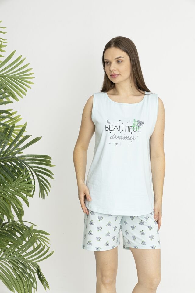 Estiva Kadın Koala Alt Desenli Yeşil Kolsuz Şortlu Penye Lycra Pijama Takımı