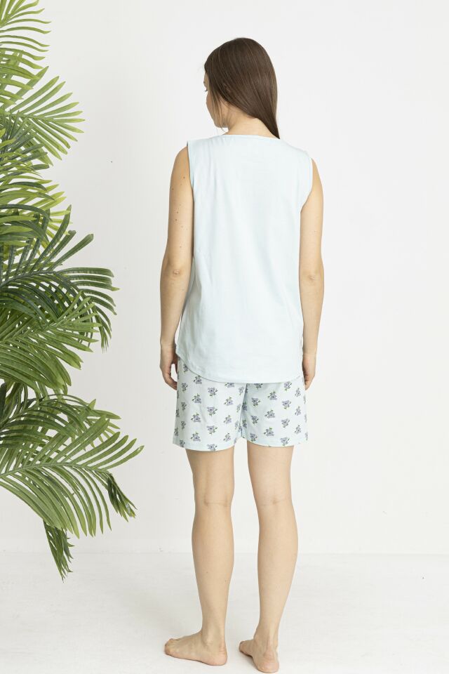 Estiva Kadın Koala Alt Desenli Yeşil Kolsuz Şortlu Penye Lycra Pijama Takımı