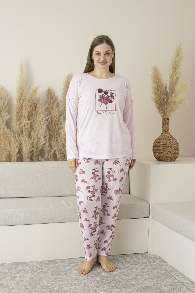 Kadın Yazlık Çiçek Desenli Uzun Kollu Viskon Battal Pijama Takımı - Pembe