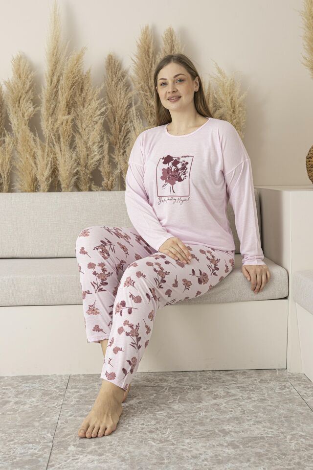 Kadın Yazlık Çiçek Desenli Uzun Kollu Viskon Battal Pijama Takımı - Pembe