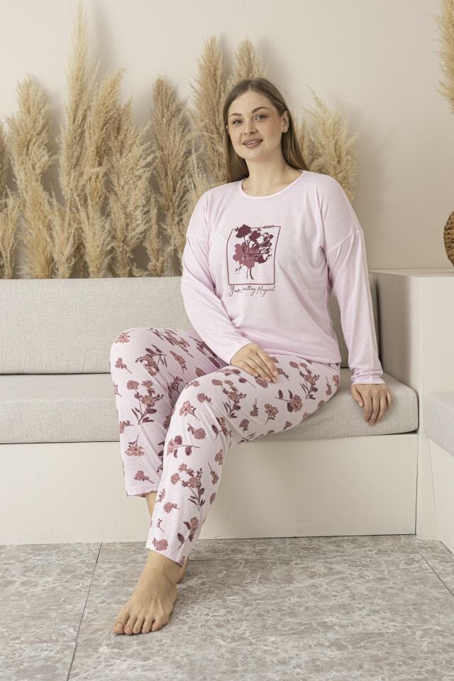 Kadın Yazlık Çiçek Desenli Uzun Kollu Viskon Battal Pijama Takımı - Pembe alternatif görsel