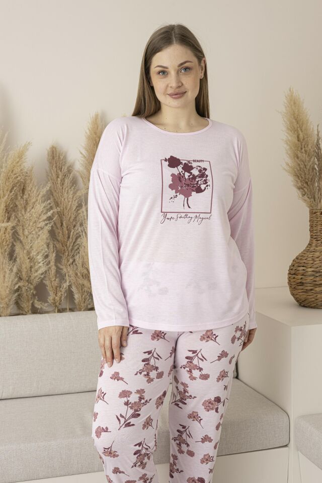 Kadın Yazlık Çiçek Desenli Uzun Kollu Viskon Battal Pijama Takımı - Pembe