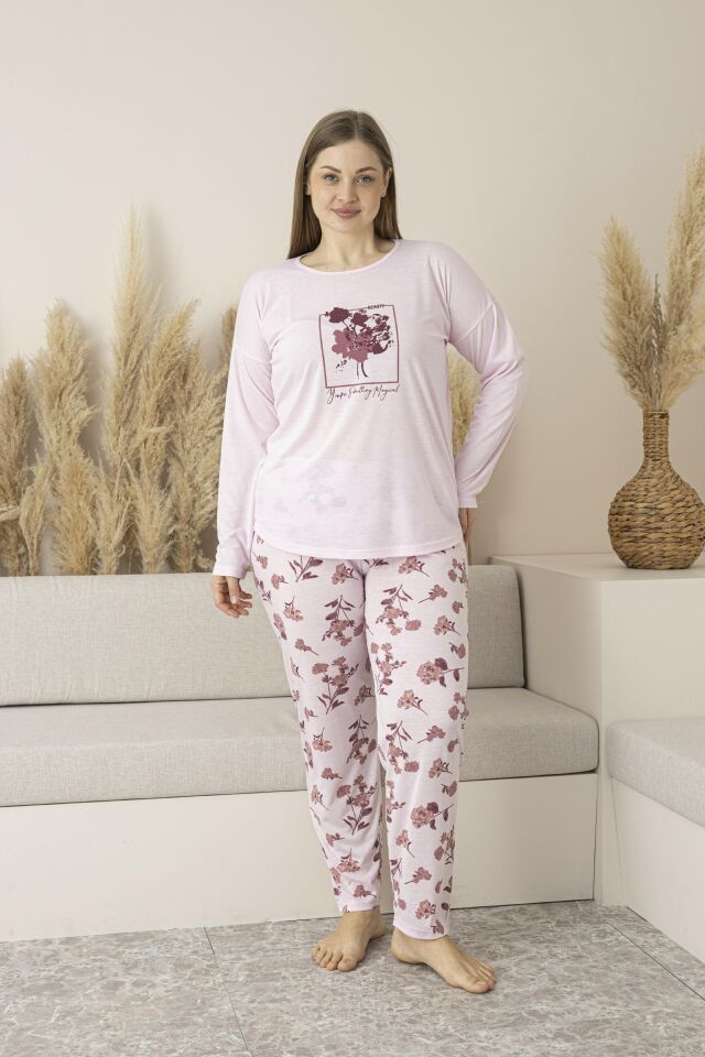 Kadın Yazlık Çiçek Desenli Uzun Kollu Viskon Battal Pijama Takımı - Pembe